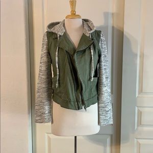 Olive green jacket with gray sleeves and hood